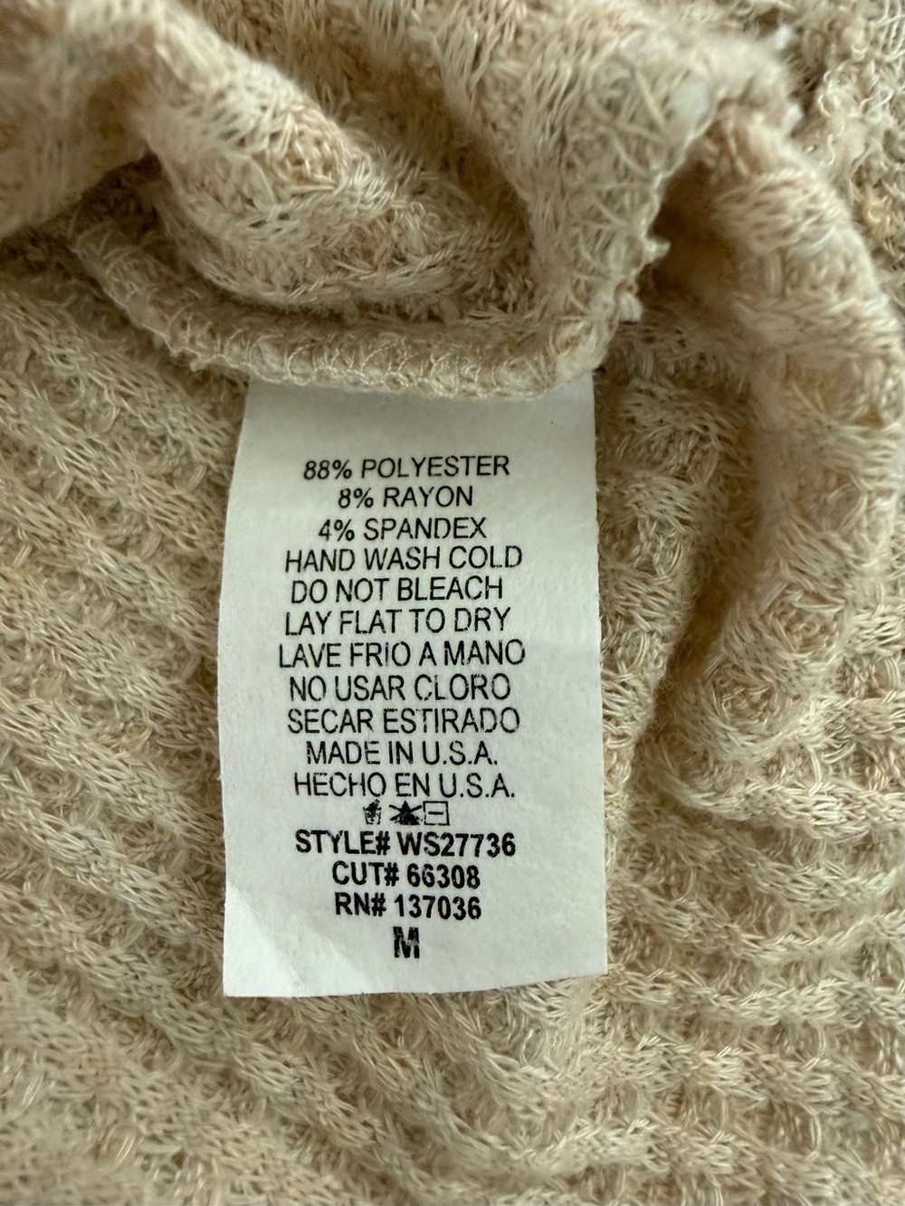 Altar’d State Waffle Knit Long Sleeve Top Beige Neutral Boho Size Medium NWT - Picture 4 of 7
